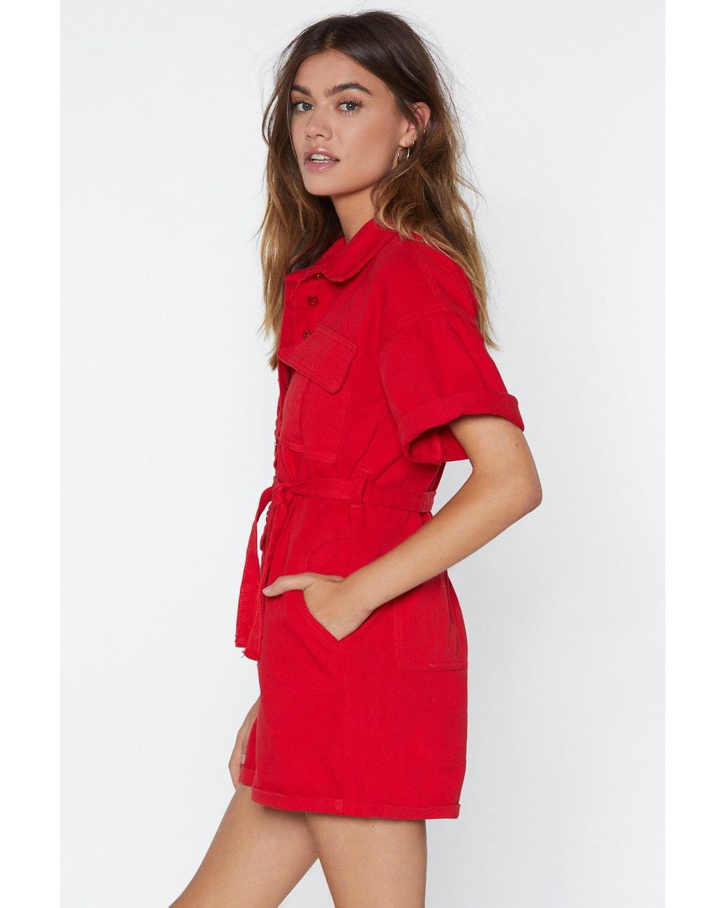 Nasty Gal "the Complete Package Denim Romper" in Red | Lyst