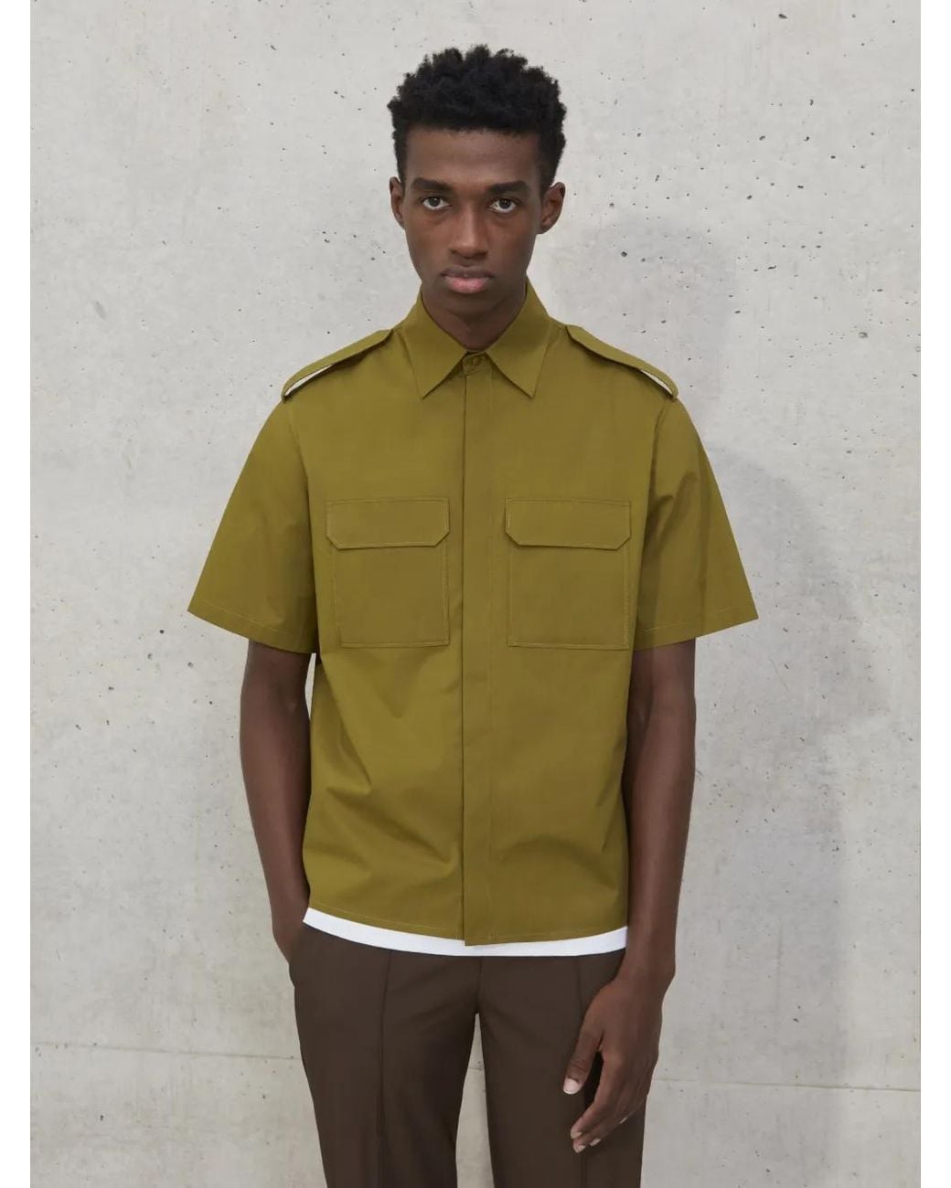 Neil Barrett Green Military-styled Short Sleeve Shirt With Self-fabric Collar Button for men