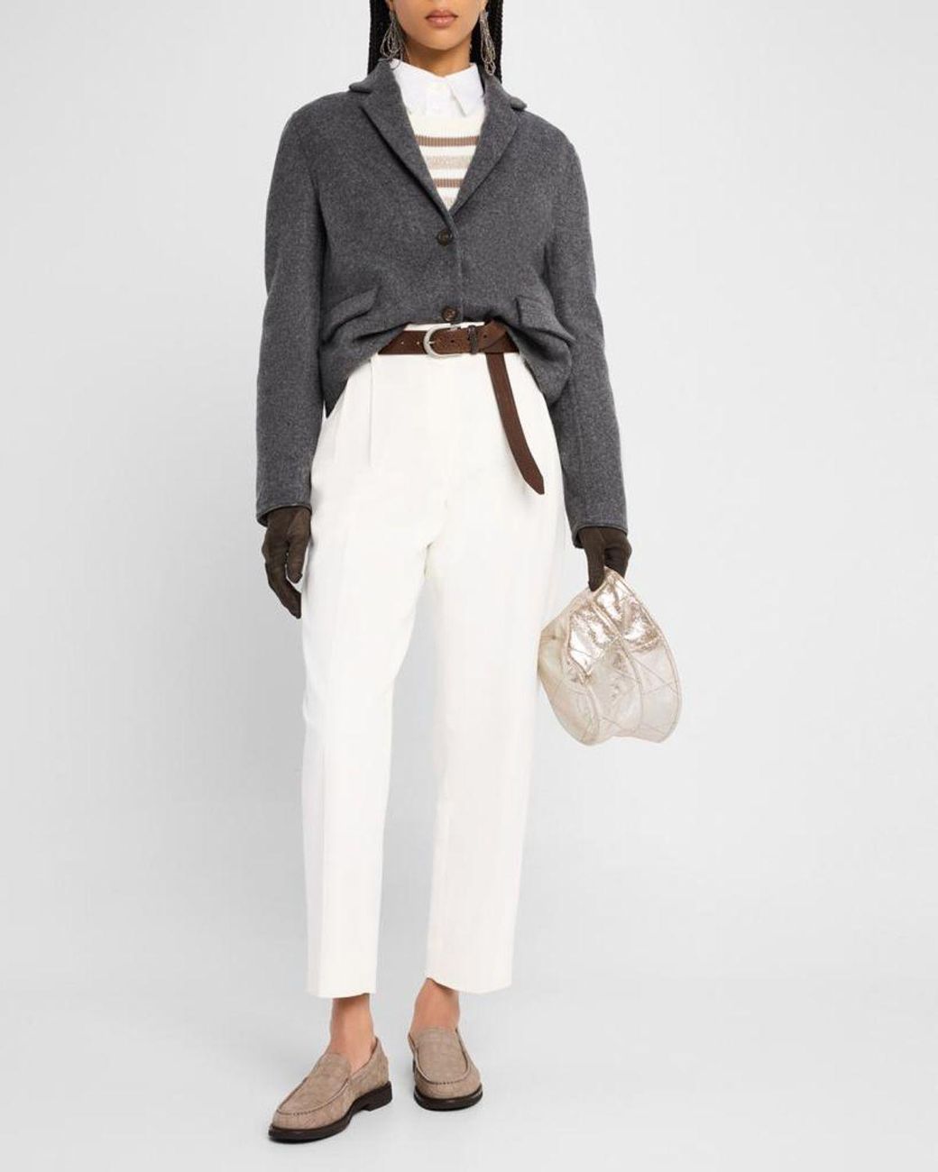 Brunello Cucinelli Gray Fluid Wool Double-Faced Crop Jacket