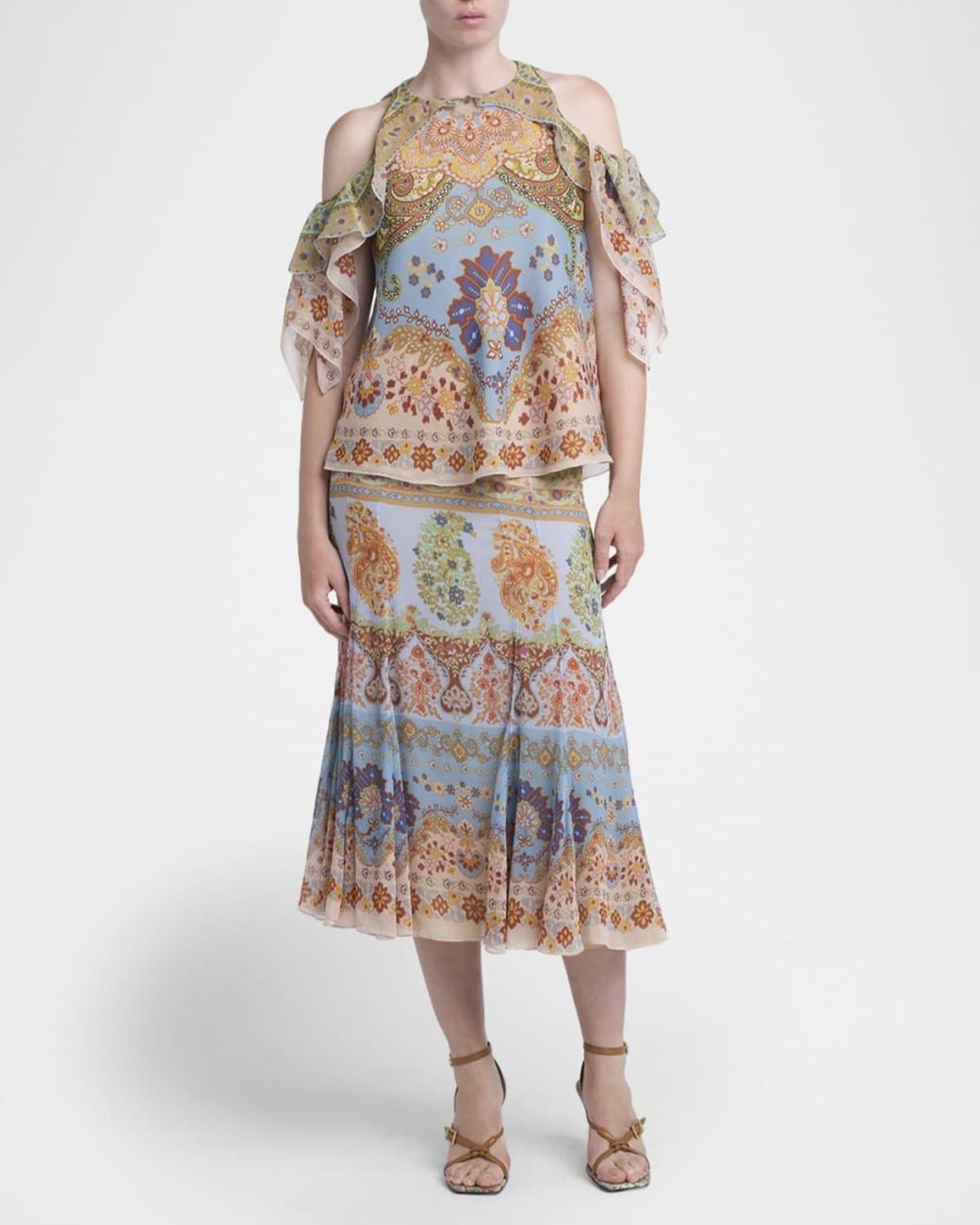 Etro Multicolor Ruffled Cold-Shoulder Paisley Blouse