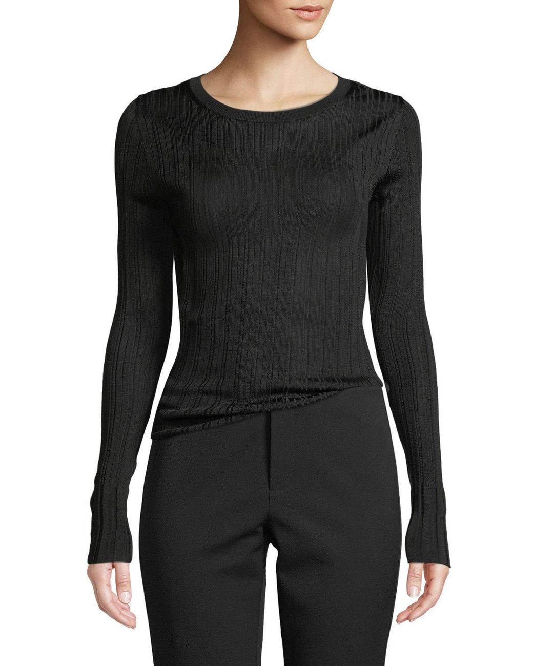 Vince Synthetic Ribbed Viscose Long-sleeve Crewneck Sweater Top in Black - Save 51% - Lyst