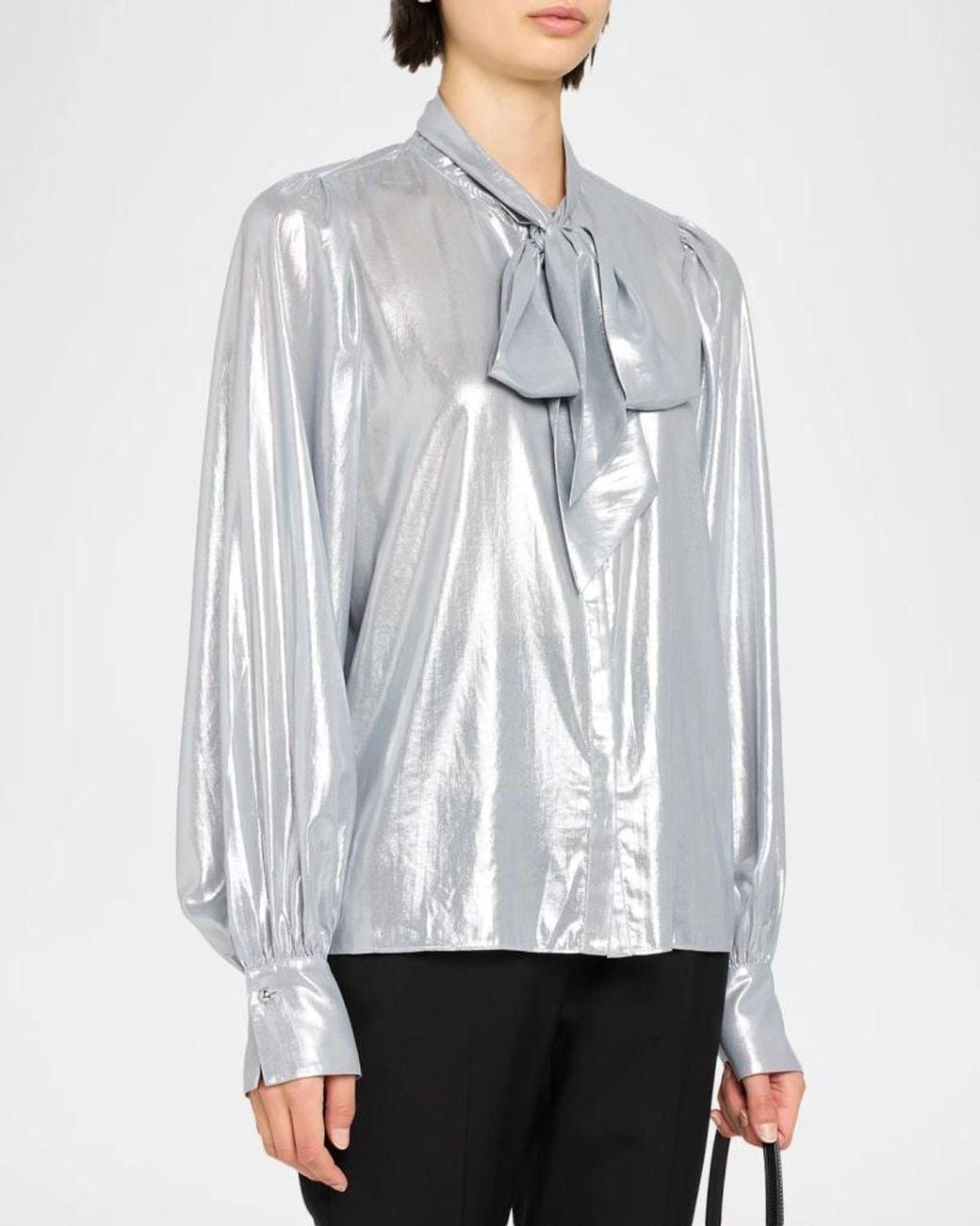 Ramy Brook Noa Metallic Tie-Neck Blouse in Gray | Lyst