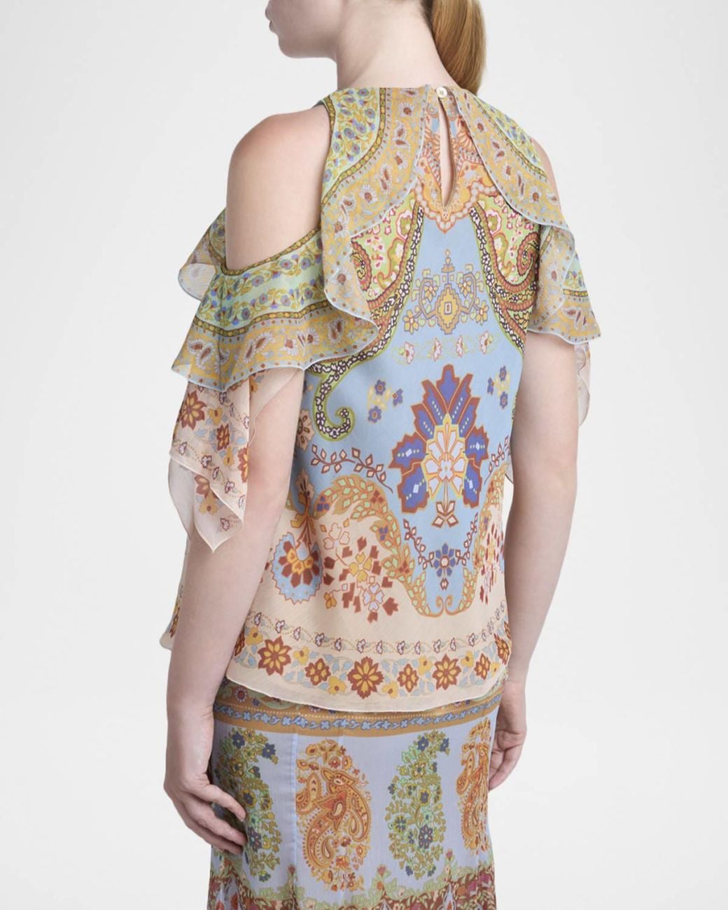 Etro Multicolor Ruffled Cold-Shoulder Paisley Blouse