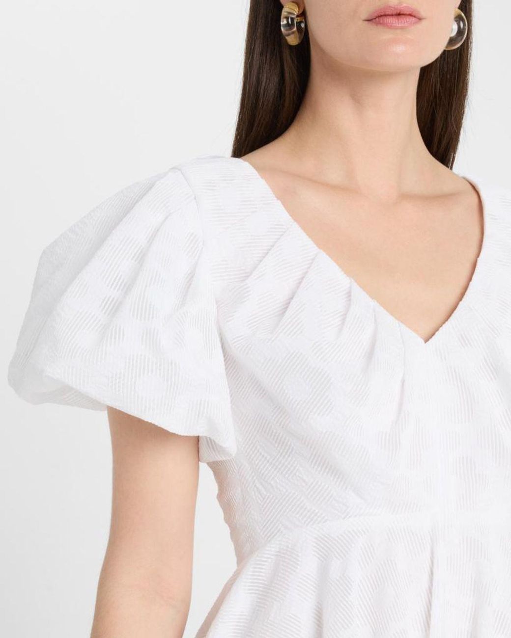 Talbot Runhof White Pril Flower Organdi Puff-Sleeve Midi Dress