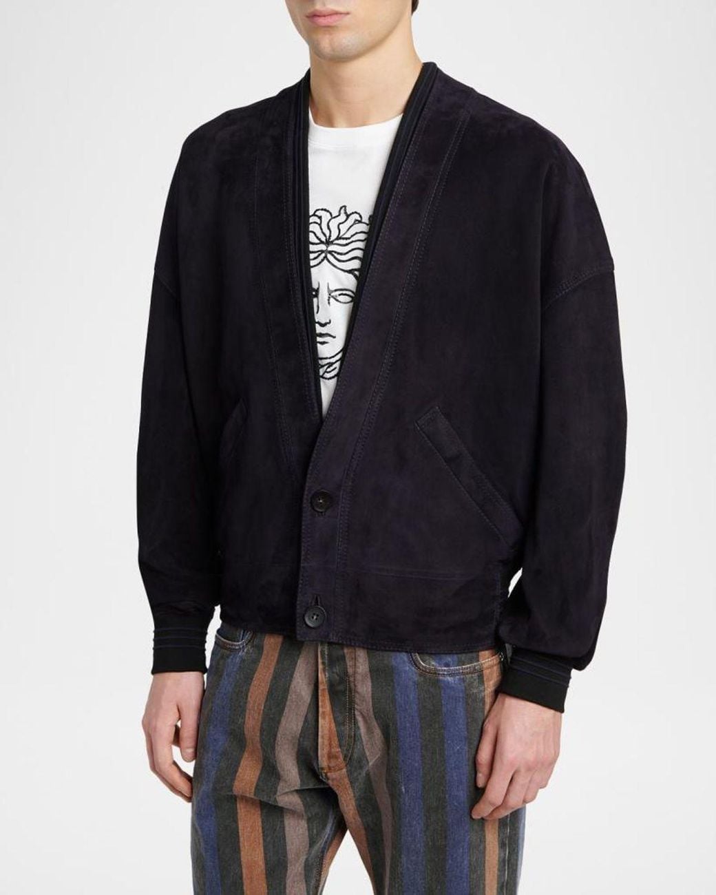 Versace Blue Apos;S V-Neck Leather Blouson for men