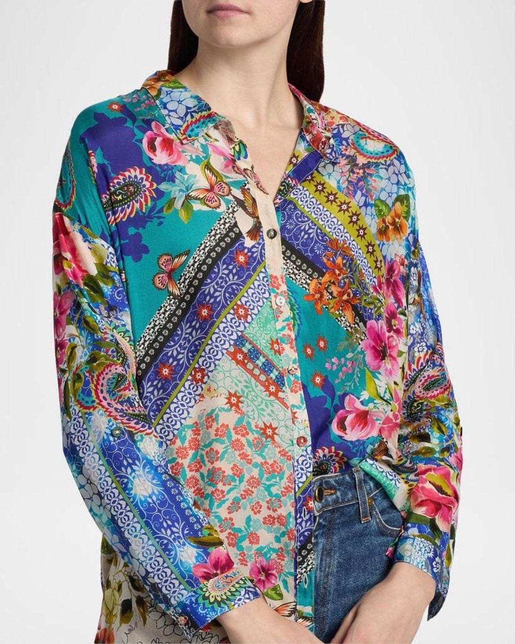 Johnny Was Blue Audrey Patchwork Silk Tunic