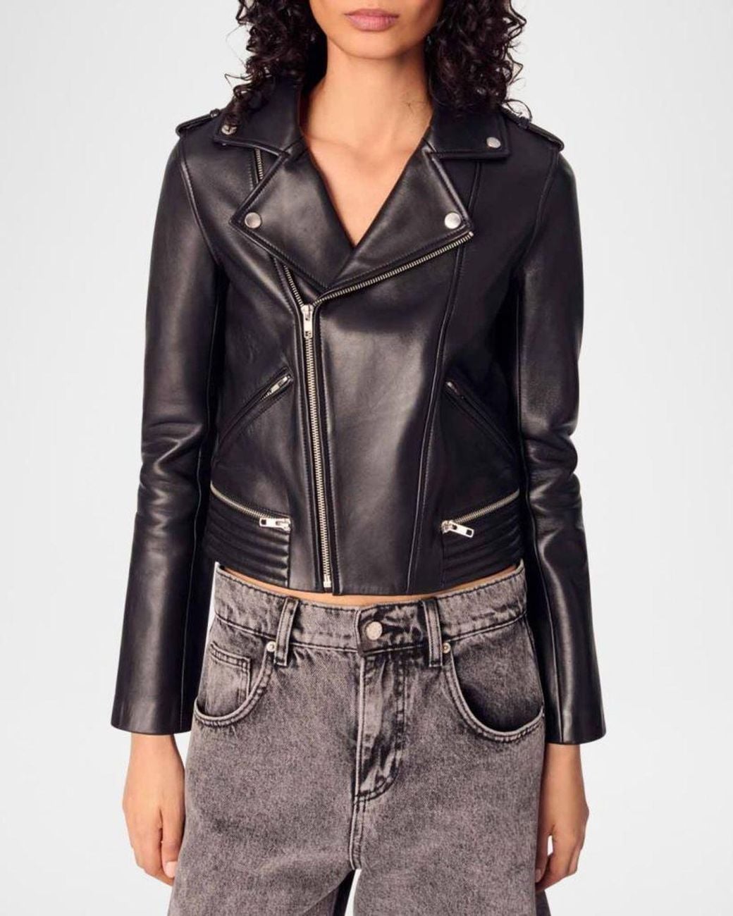 Maje Black Basaltm Leather Biker Jacket