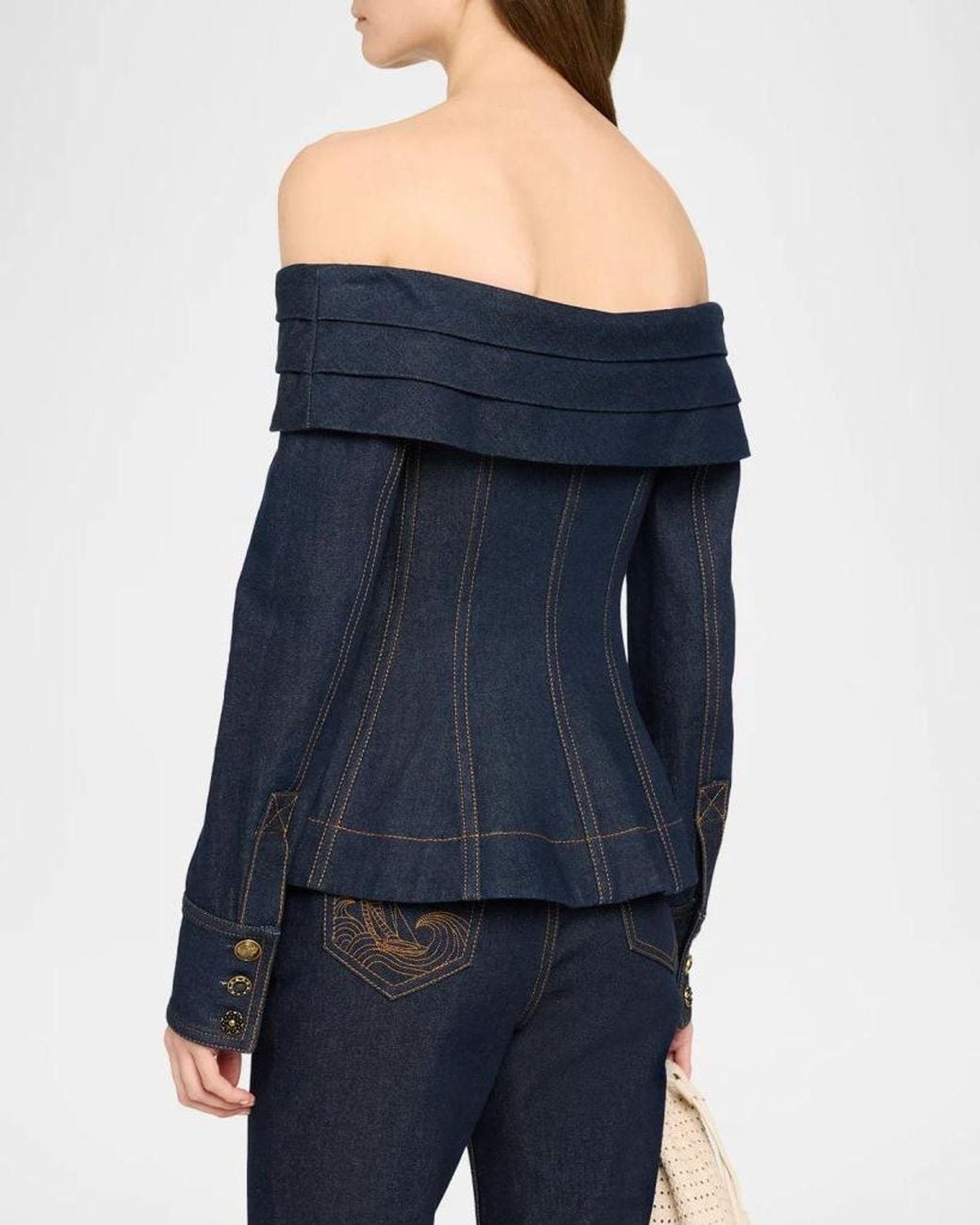 Zimmermann Clash Denim Off-Shoulder Boatneck Top in Blue | Lyst