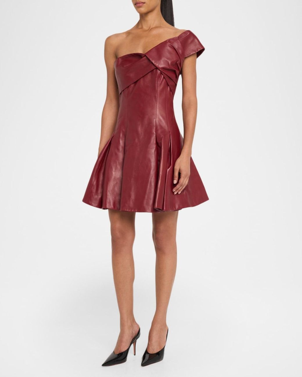 balmain leather mini dress One-Shlouder Pleated in Red pid_091e75cc-6770-4c7c-87ca-f9f675dd7d36