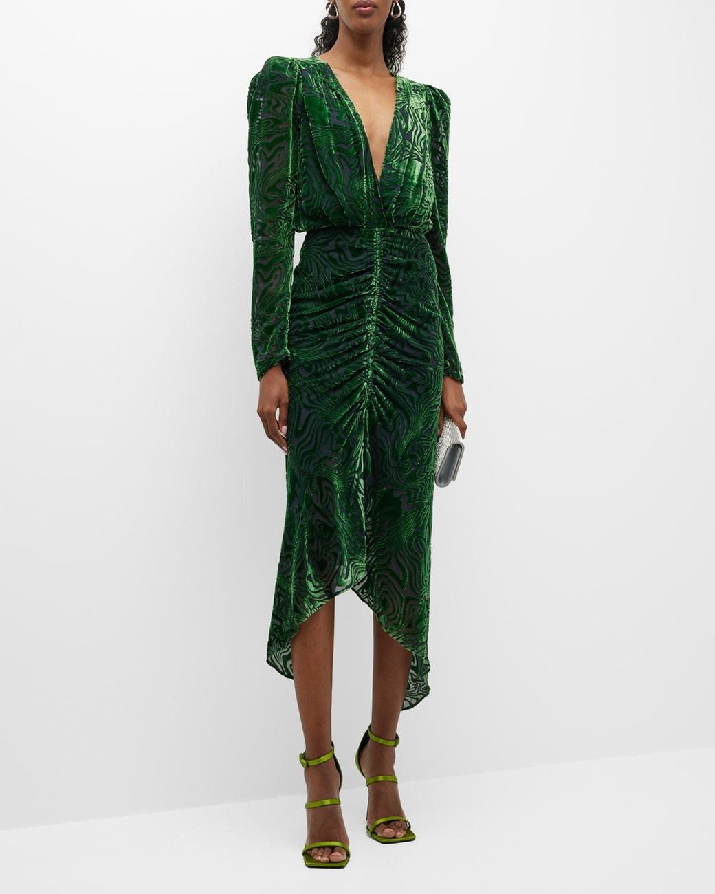 Ronny Kobo Astrid Plunge Velvet Burnout Midi Dress in Green | Lyst