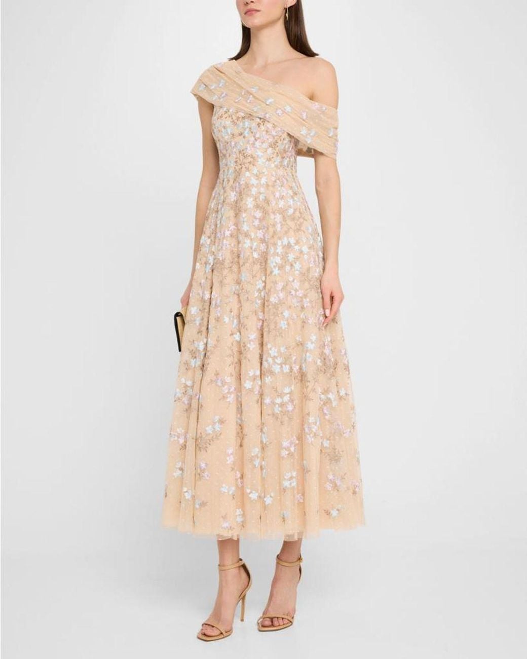 Needle & Thread Natural Everett Bloom One-Shoulder Embroidered Gown