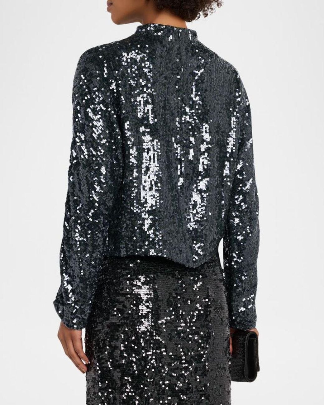 LAPOINTE Blue Sequined Mock-Neck Long-Sleeve Blouse