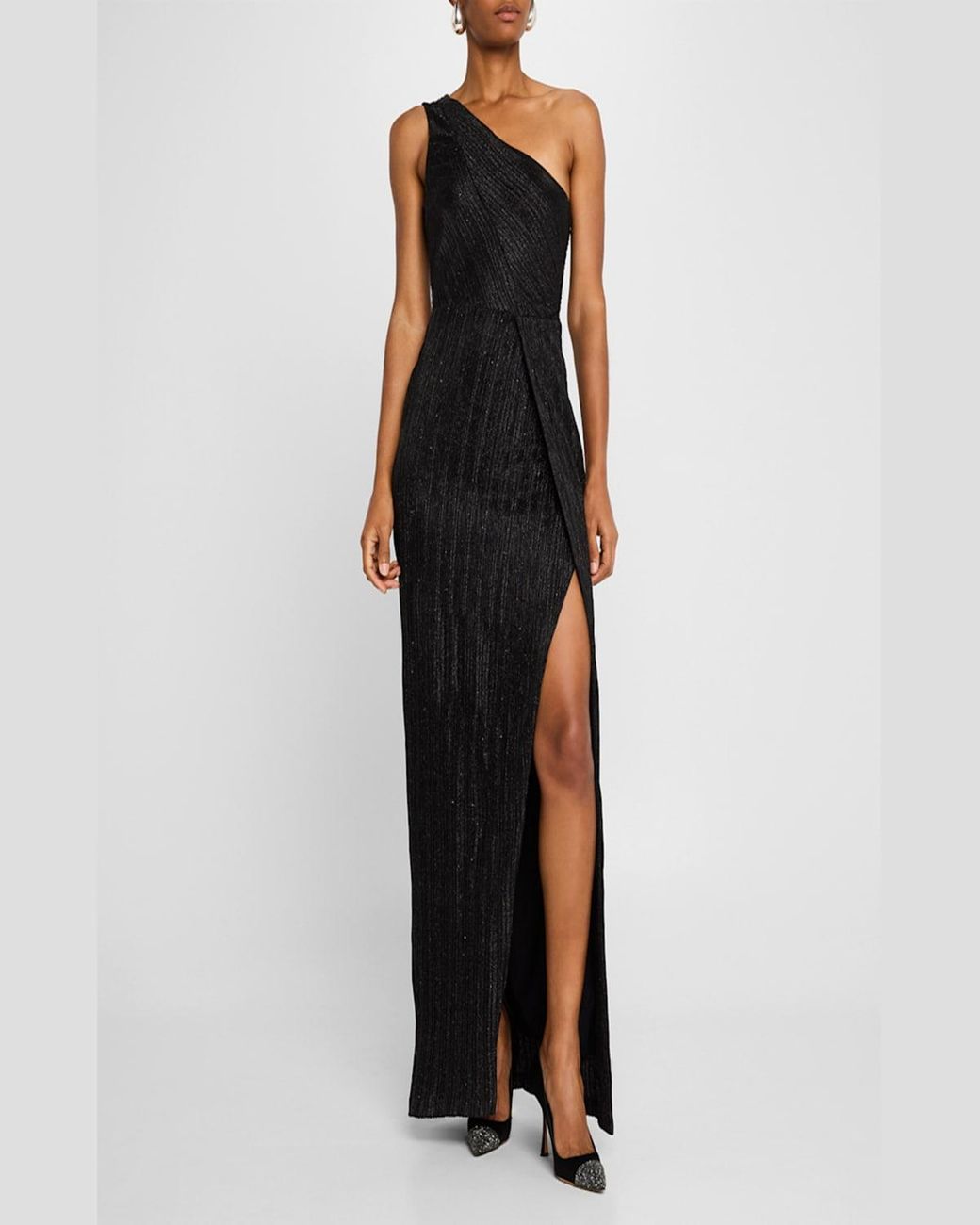 Ramy Brook Elaine One-Shoulder Shimmer Column Gown in Black