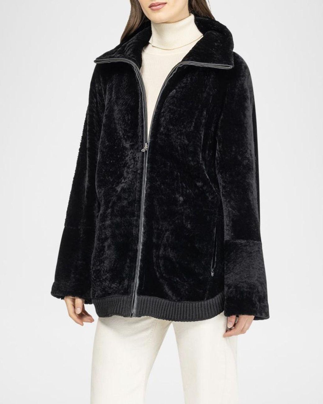 Gorski Black Textured Shearling Lamb Zip Jacket