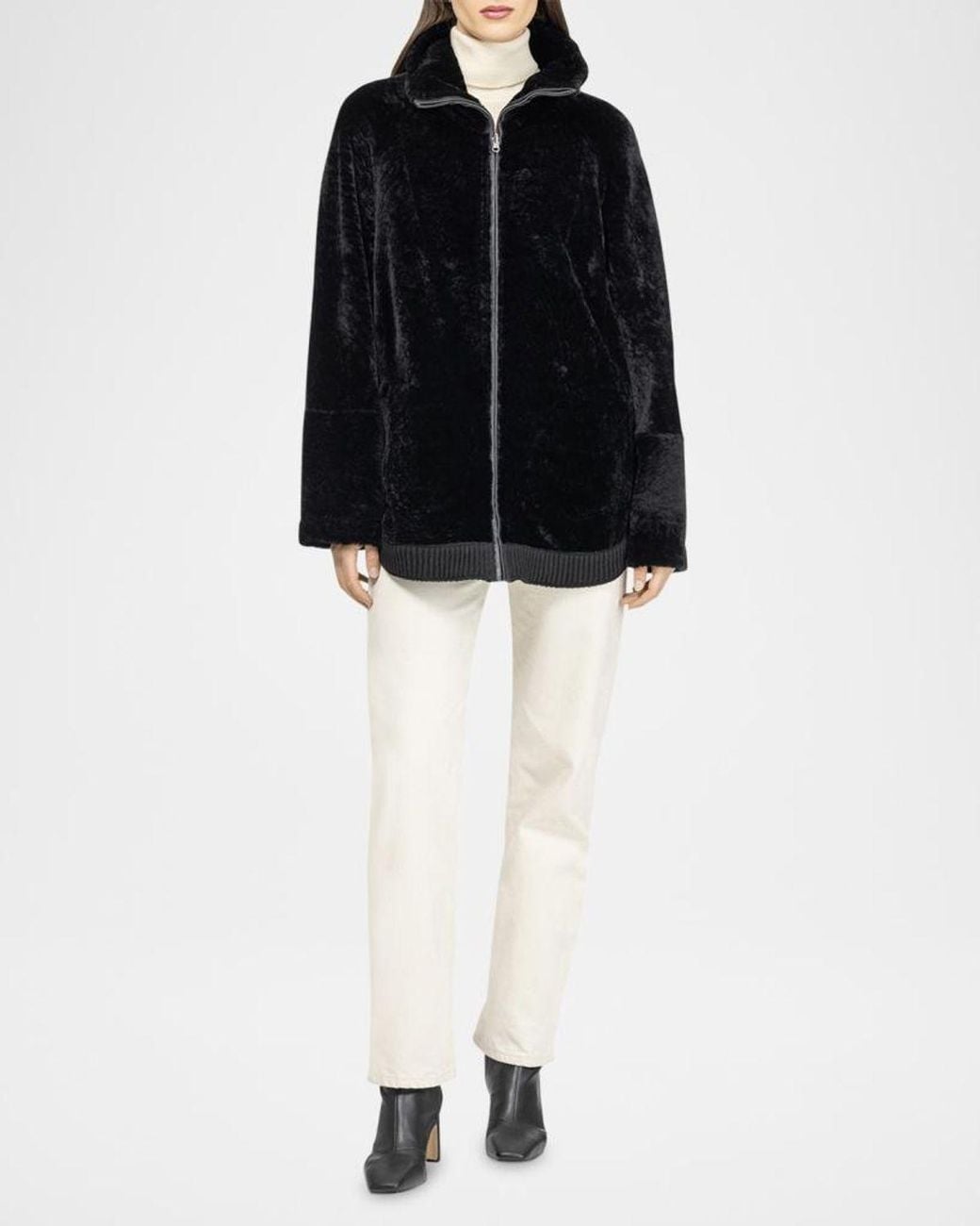 Gorski Black Textured Shearling Lamb Zip Jacket