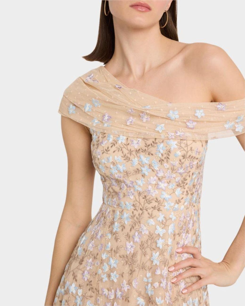 Needle & Thread Natural Everett Bloom One-Shoulder Embroidered Gown