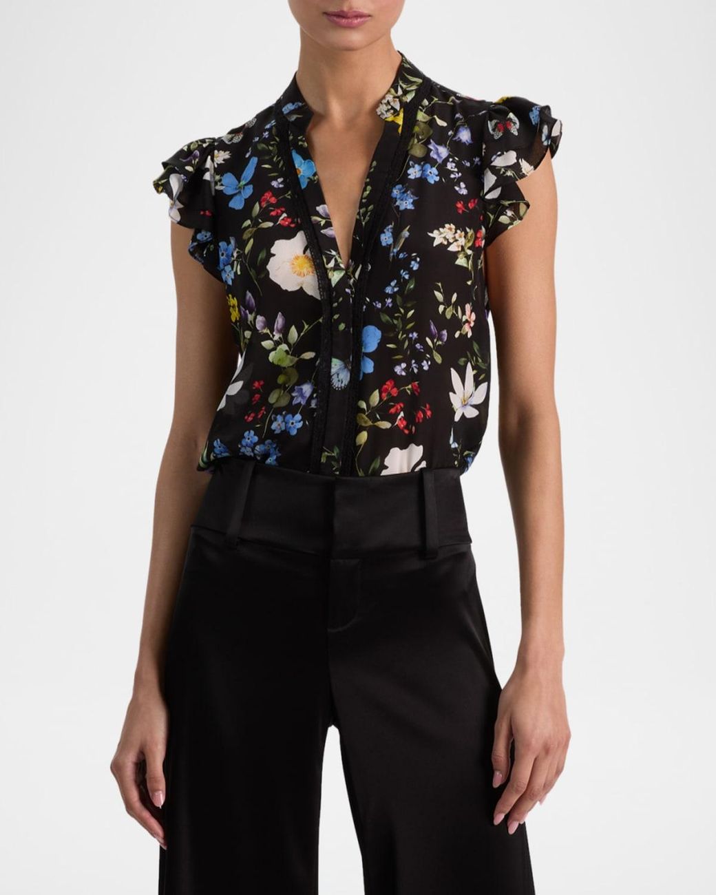 Alice + Olivia Black Arlette Flutter-Sleeve Blouse