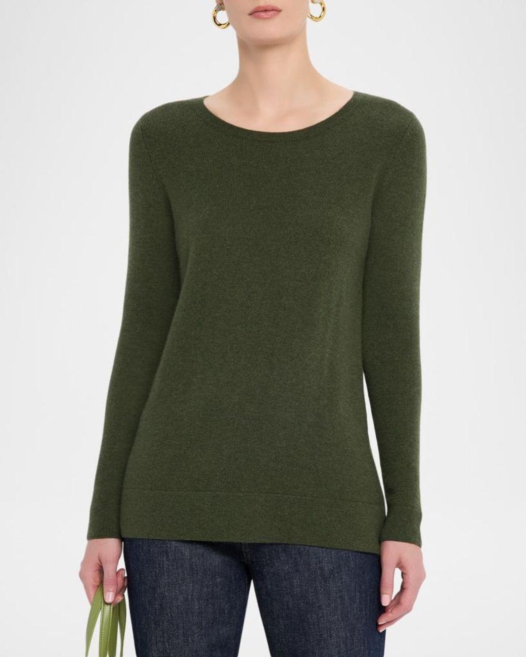 Neiman Marcus Green Cashmere Basic Crewneck Top