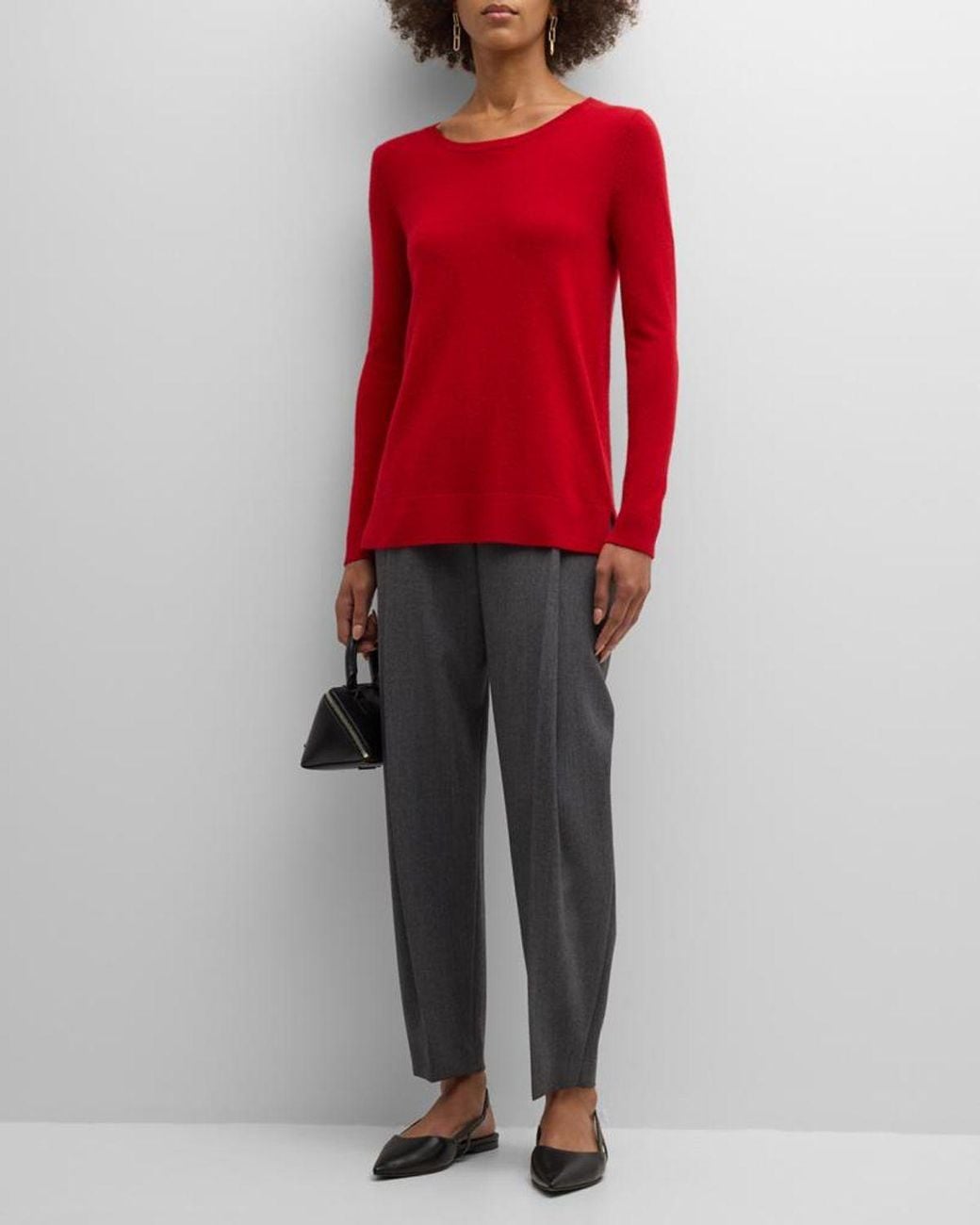 Neiman Marcus Red Cashmere Basic Crewneck Top