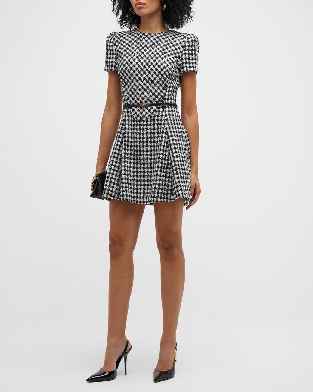Versace Belted Check Tweed Fit-&-flare Mini Dress in Blue