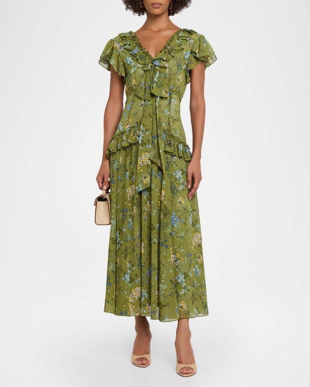 Ruffle Model Cinq À Sept Windswept Floral Siv Ruffle Midi Dress in Green | Lyst