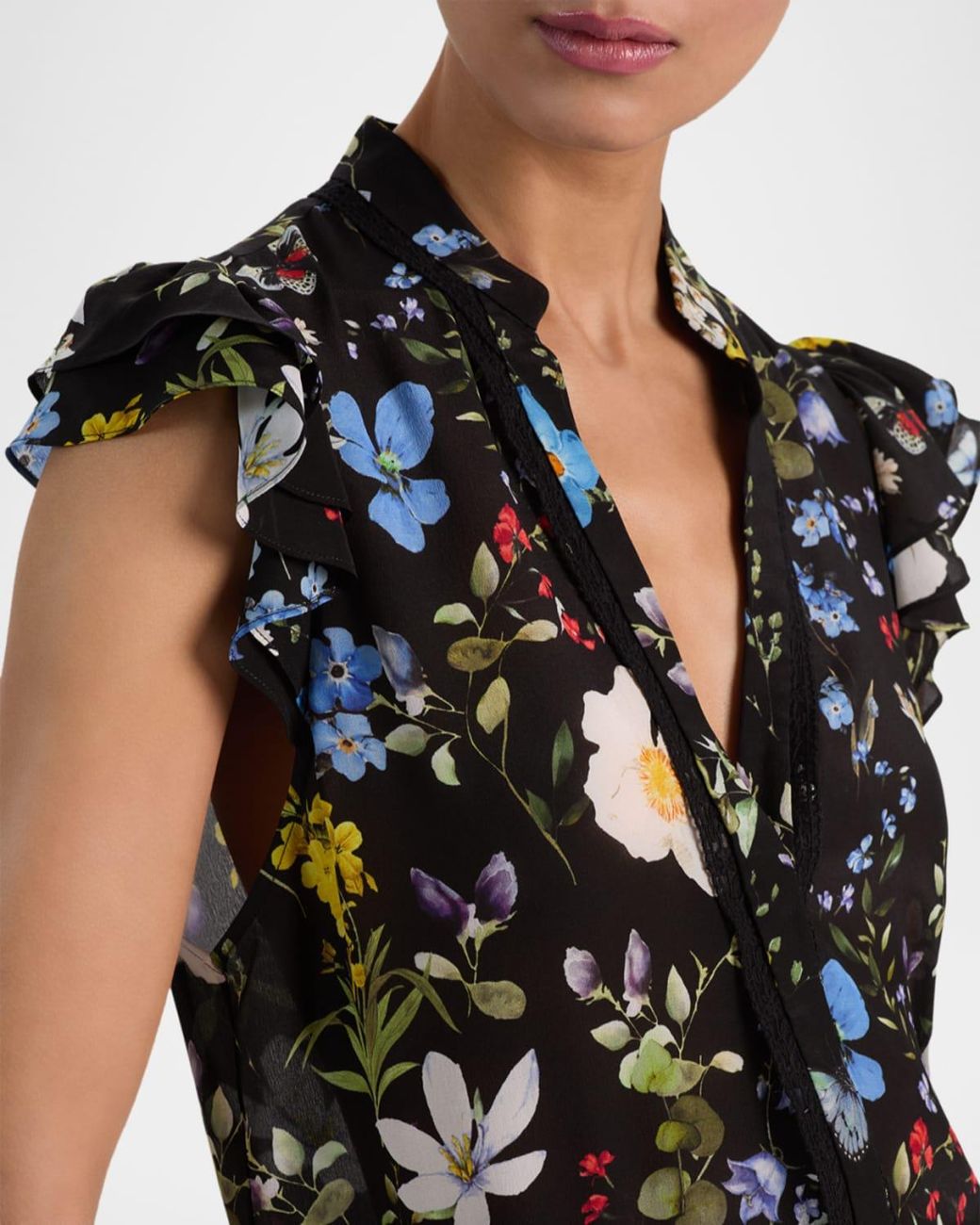Alice + Olivia Black Arlette Flutter-Sleeve Blouse