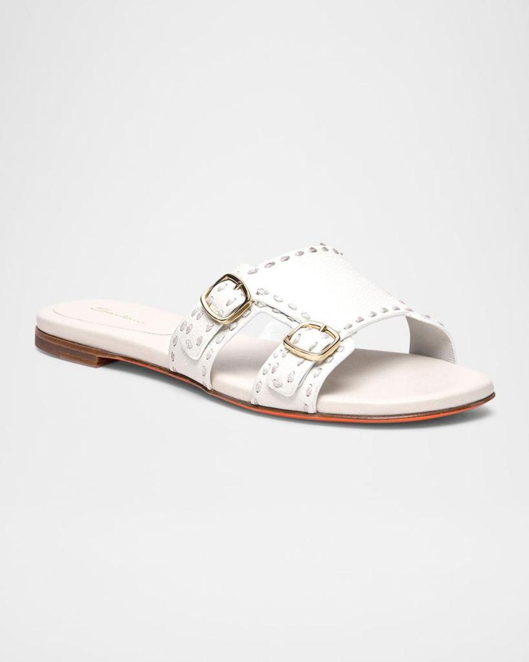 Santoni White Didi Double-Monk Flat Slide Sandals