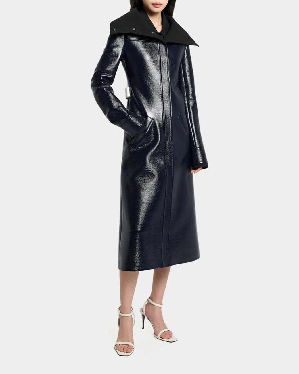 Courreges High-Collar Shiny Vinyl Long Trench Coat in Blue | Lyst