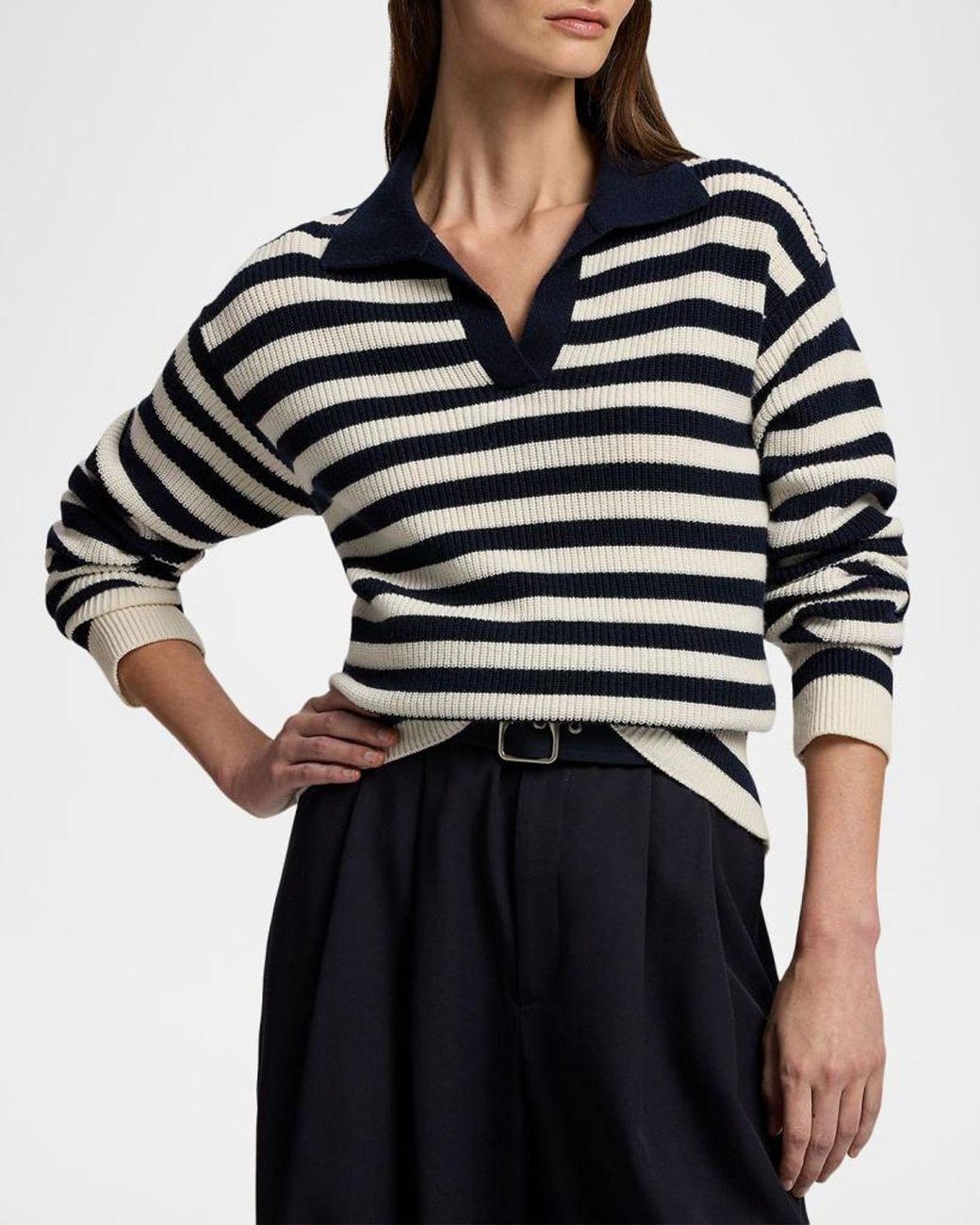 Ralph Lauren Blue Striped Cashmere Polo Sweater