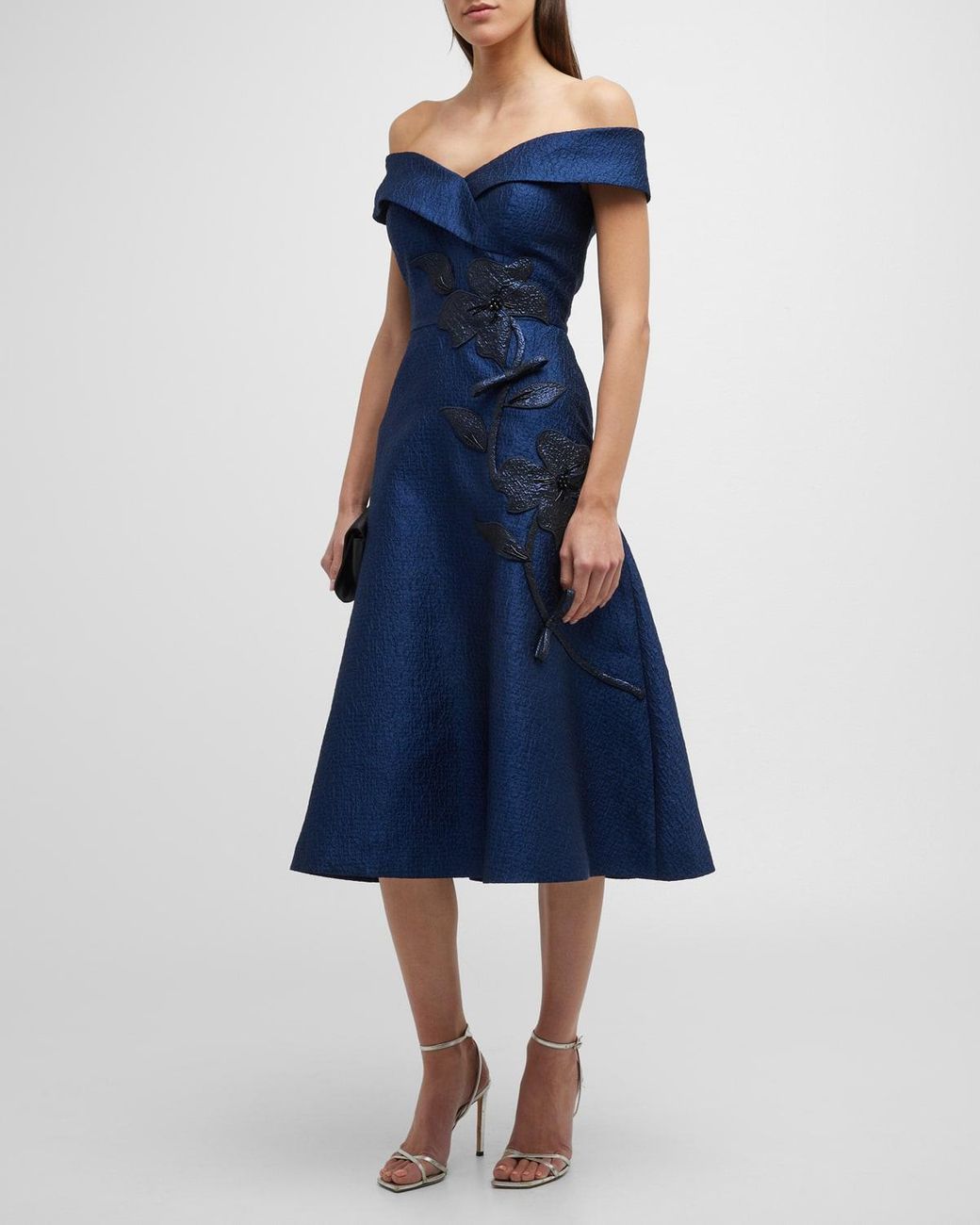 Teri Jon Off-shoulder Floral Applique Jacquard Dress in Blue | Lyst