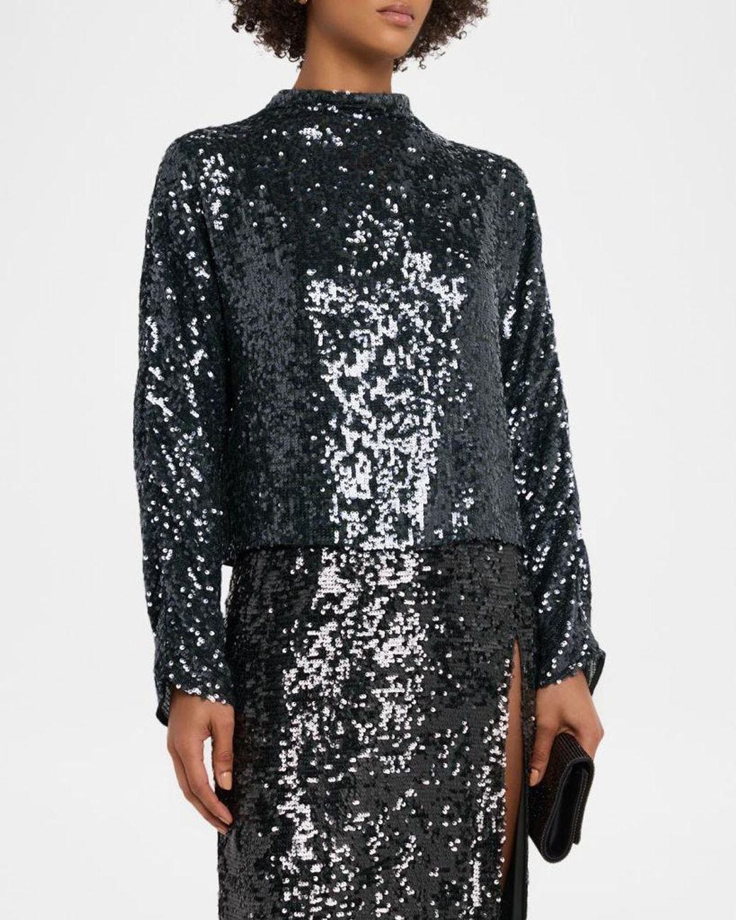 LAPOINTE Blue Sequined Mock-Neck Long-Sleeve Blouse