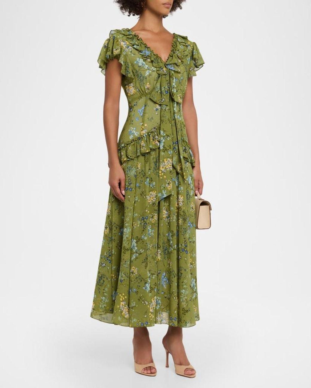 Ruffle Model Cinq À Sept Windswept Floral Siv Ruffle Midi Dress in Green | Lyst