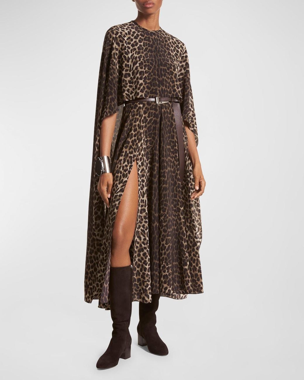 Michael Kors Leopard-print Side-slit Midi Cape Dress in Brown | Lyst