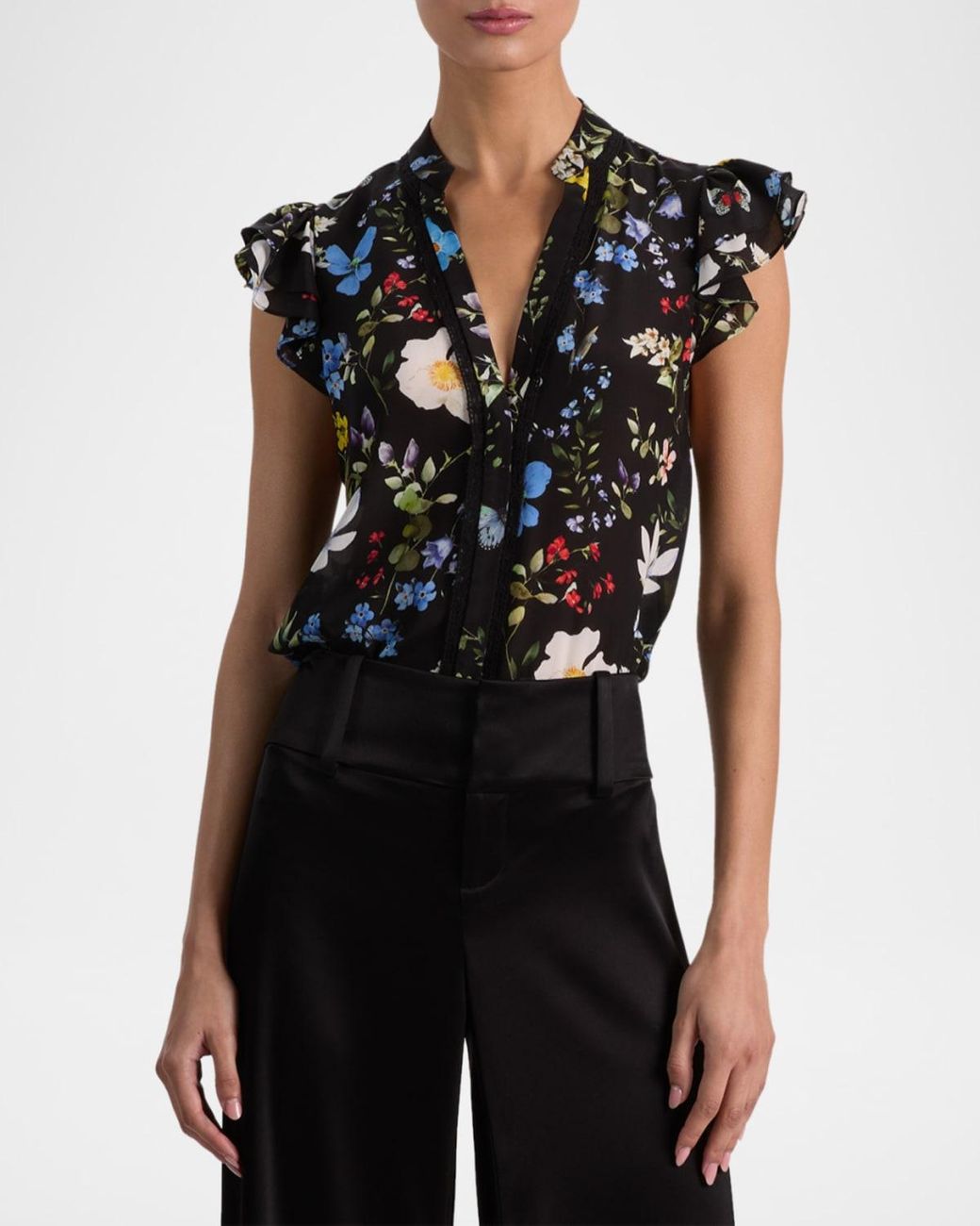 Alice + Olivia Black Arlette Flutter-Sleeve Blouse
