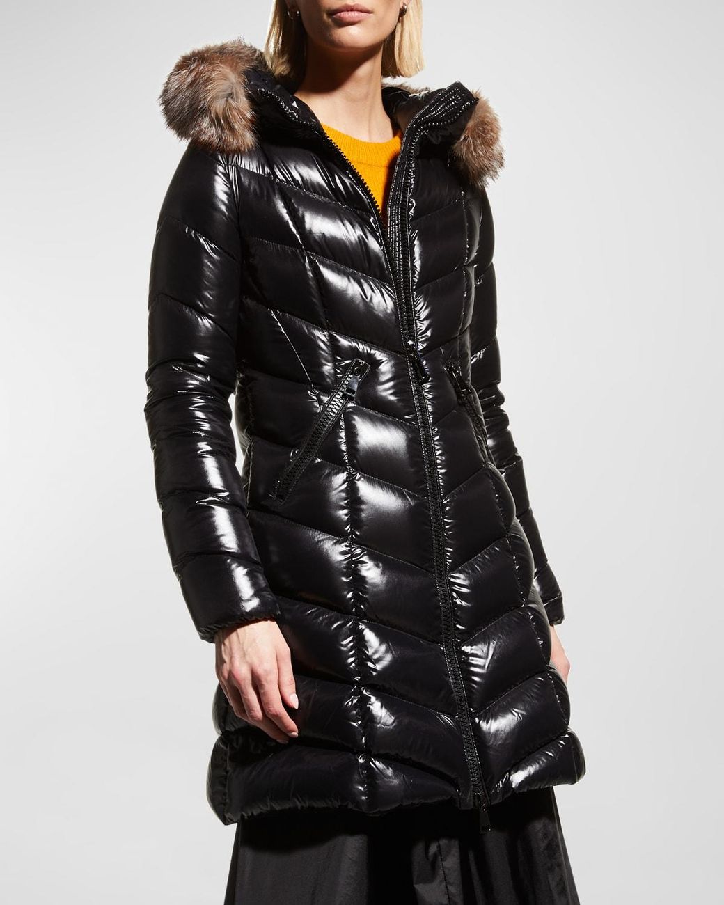 Moncler Fulmarus Fur-trim Hood Chevron Puffer Coat in Black | Lyst