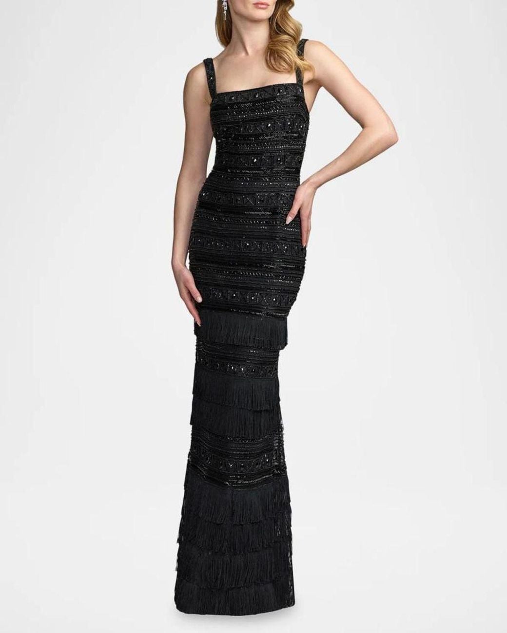 Mac Duggal Embellished Geometric Fringe Gown in Black | Lyst