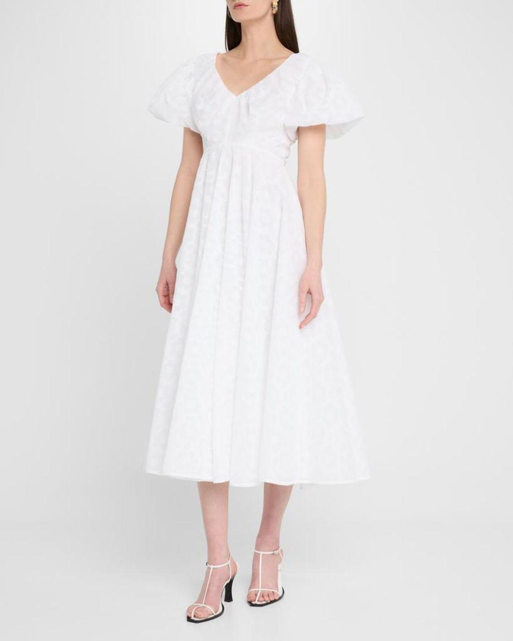 Talbot Runhof White Pril Flower Organdi Puff-Sleeve Midi Dress