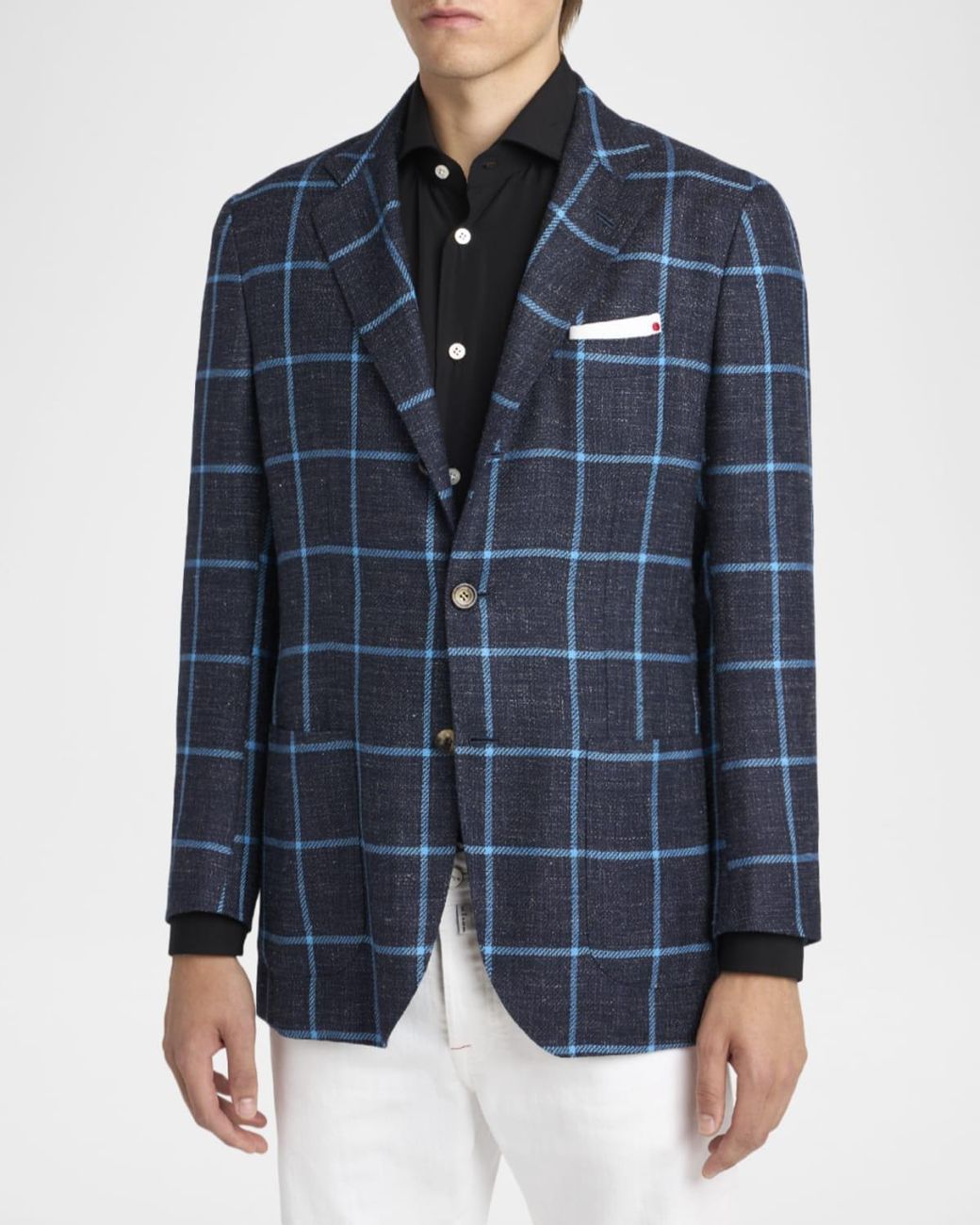 Kiton Blue Apos;S Windowpane Check Cashmere-Blend Blazer for men