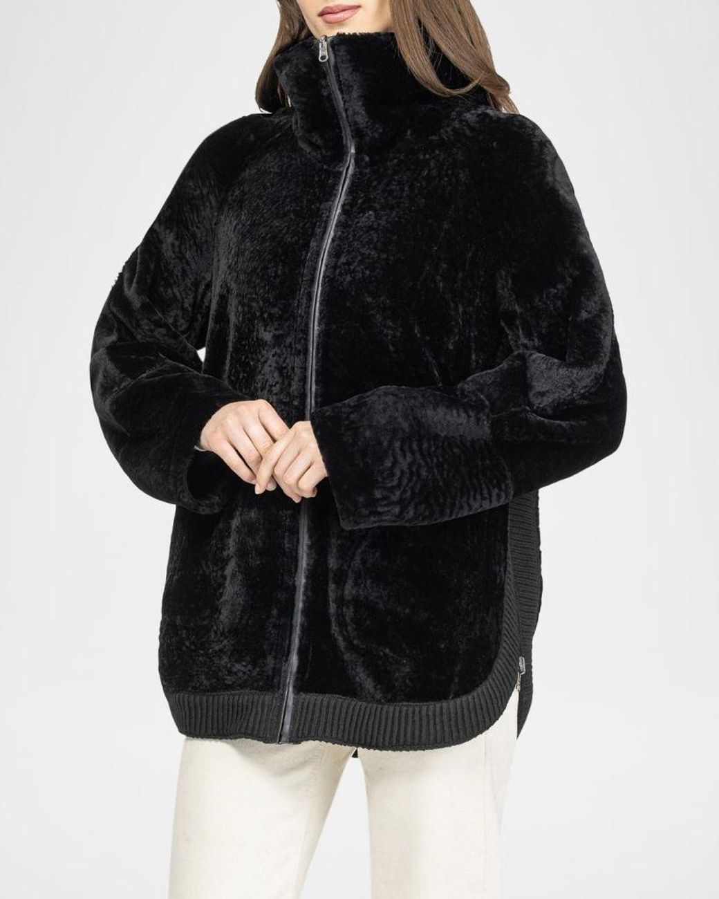Gorski Black Textured Shearling Lamb Zip Jacket