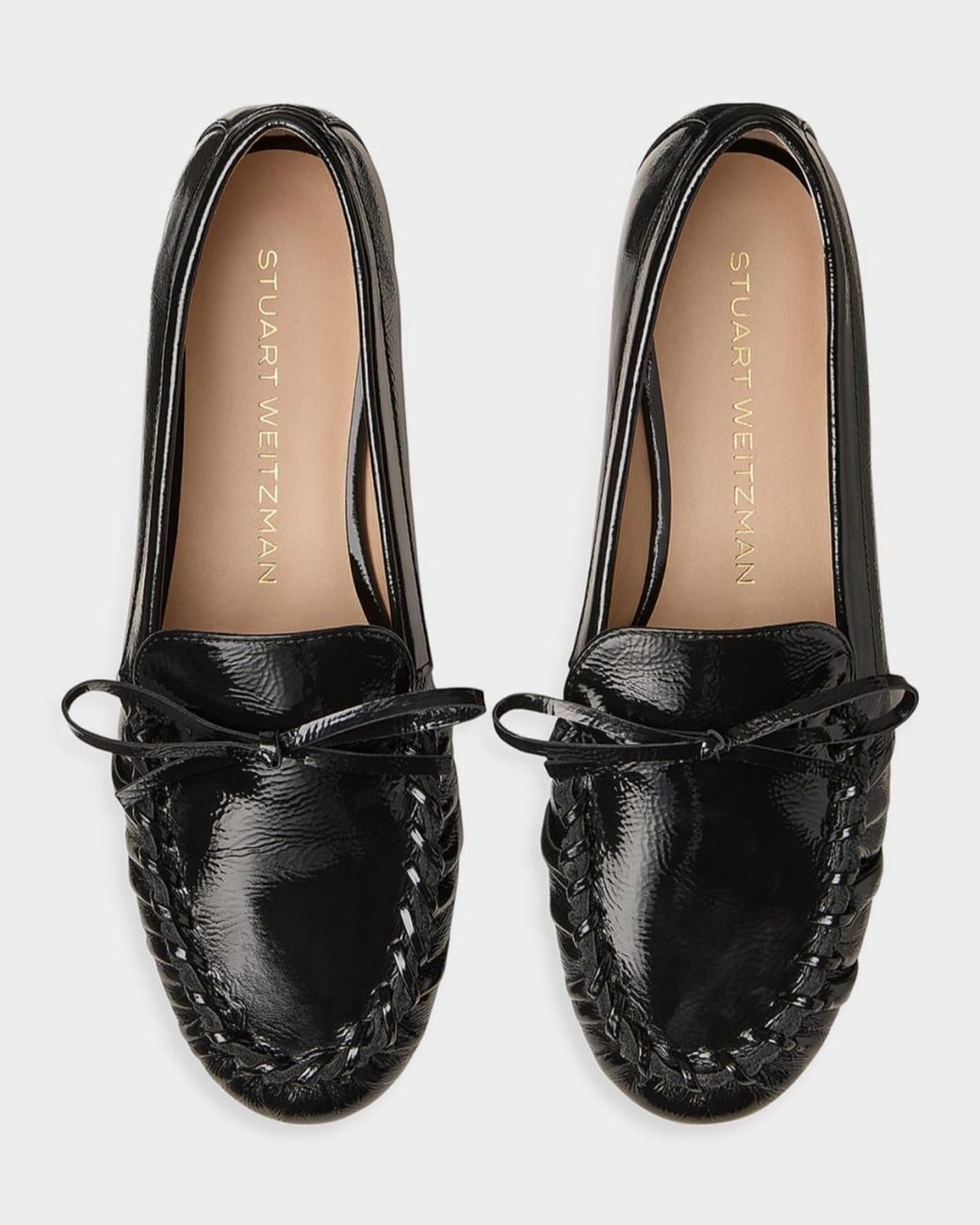 Stuart Weitzman Black Britt Crinkled Patent Leather Bow Loafers