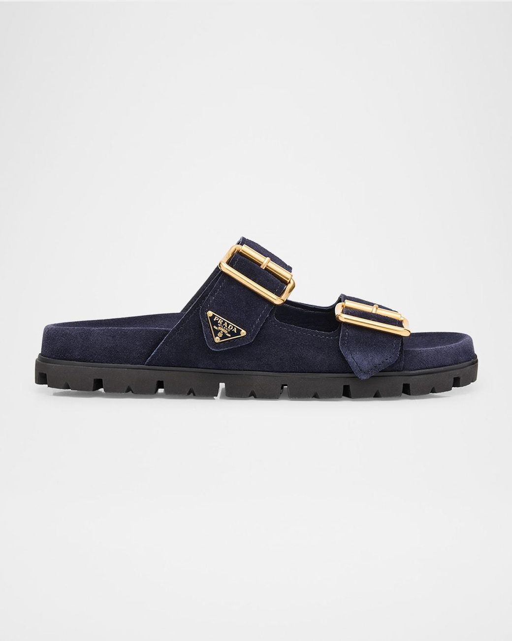 Prada Suede Double-Buckle Slide Sandals in Blue | Lyst