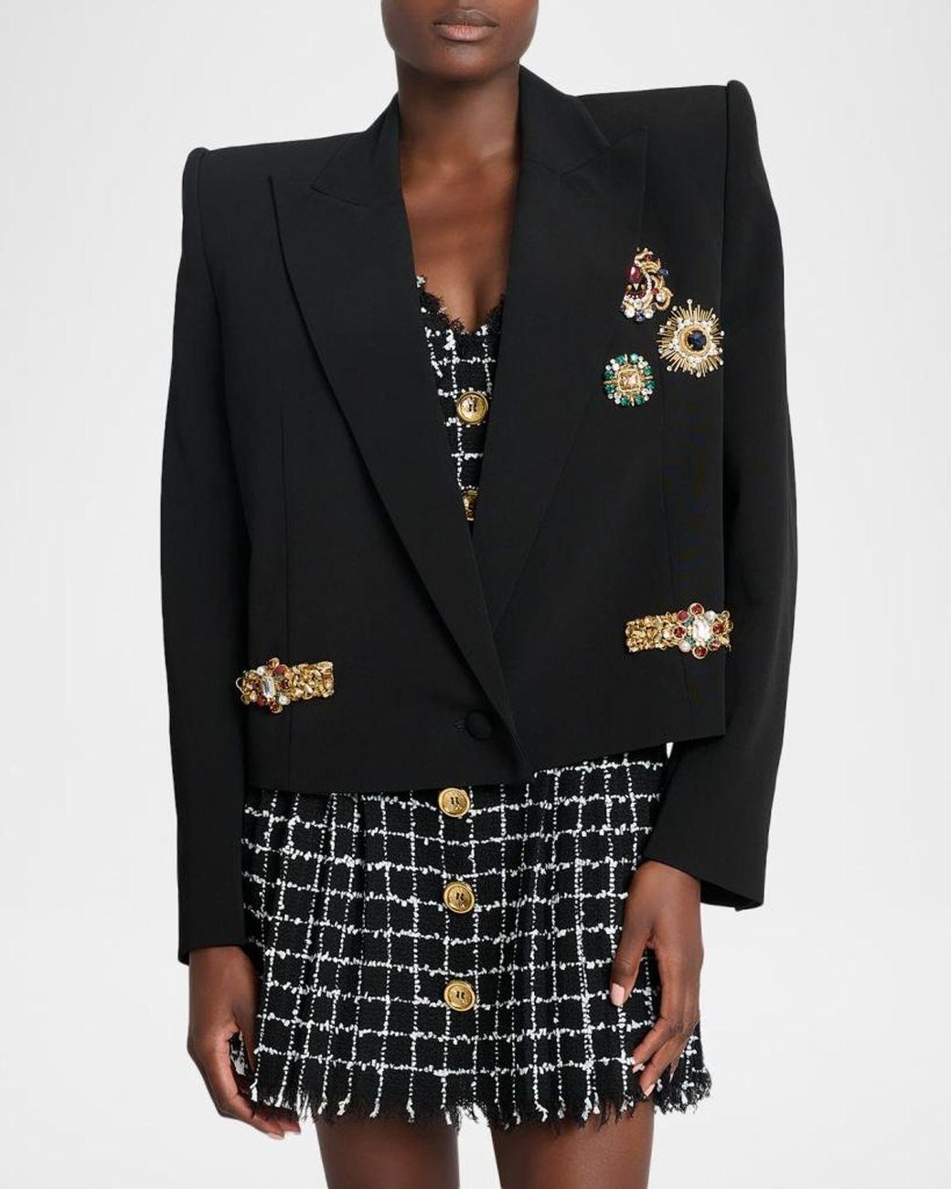 Balmain Black Cropped Embroidered Jacket