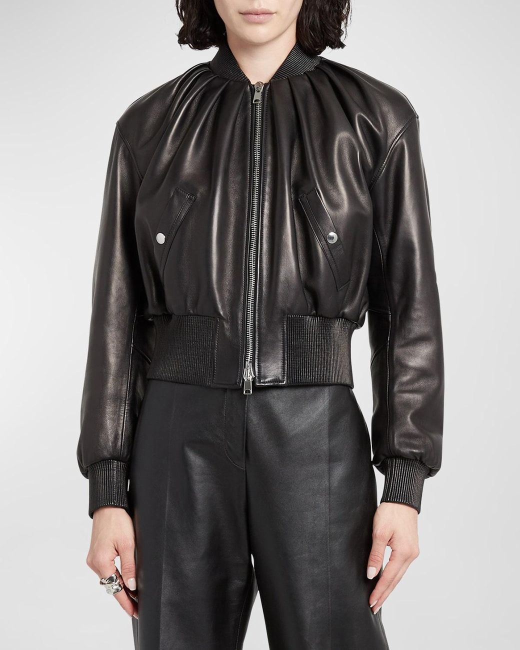 Alexander McQueen Ruched Leather Crop Bomber Jacket in Black | Lyst