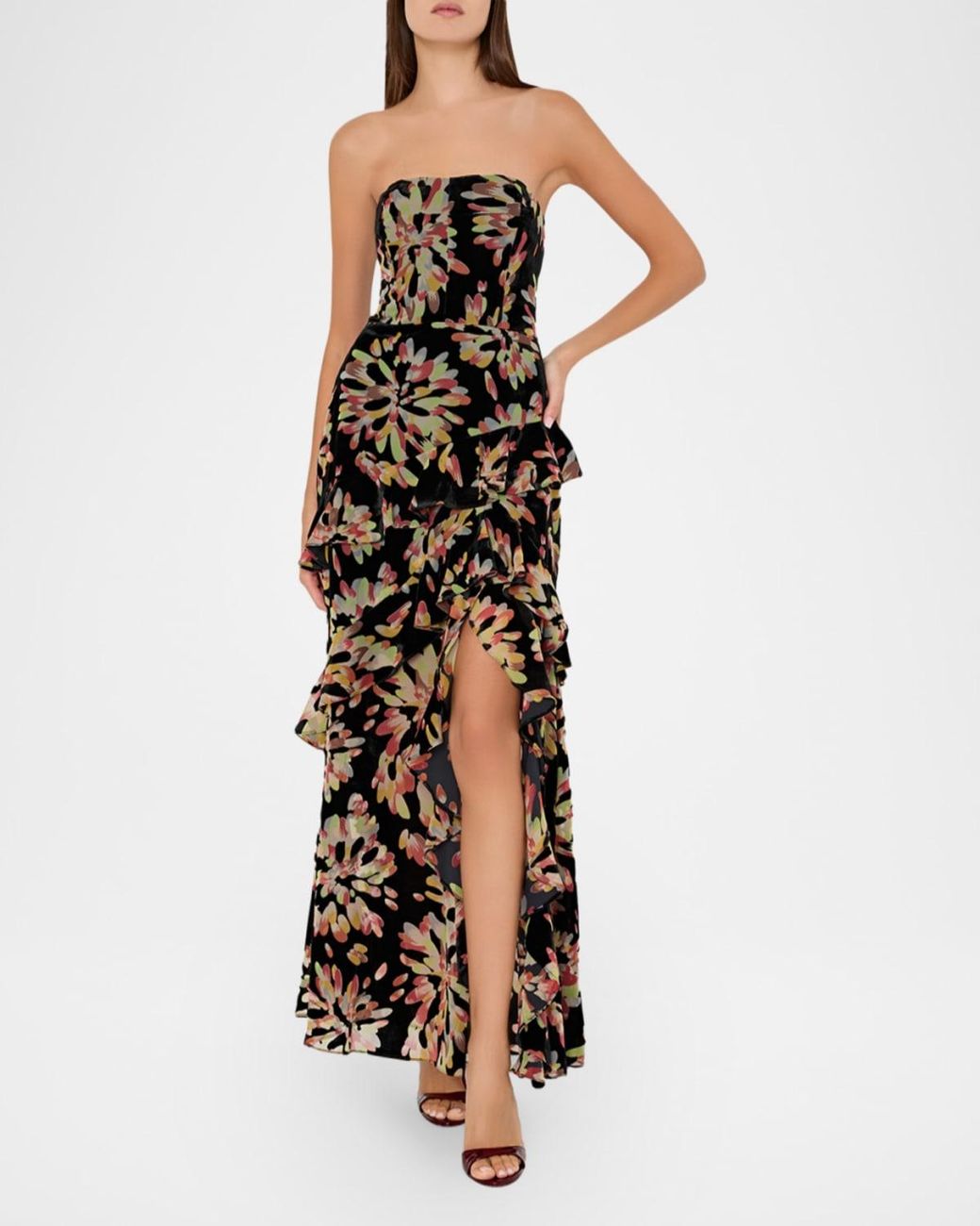 Milly Ruffle MILLY Raelynn Burnout Velvet Ruffle Maxi Dress in White | Lyst