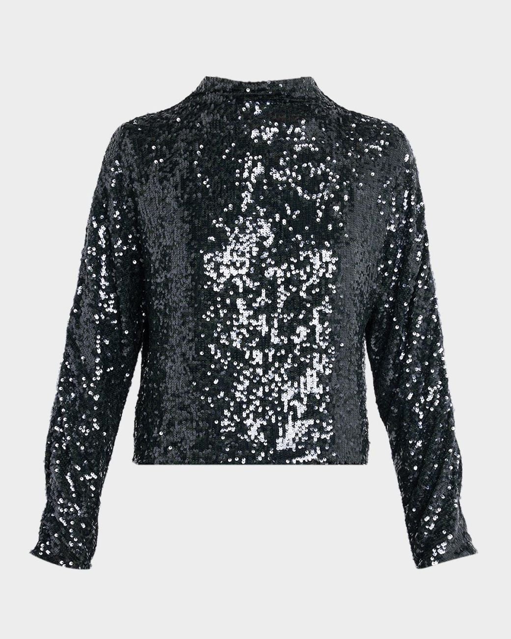 LAPOINTE Blue Sequined Mock-Neck Long-Sleeve Blouse