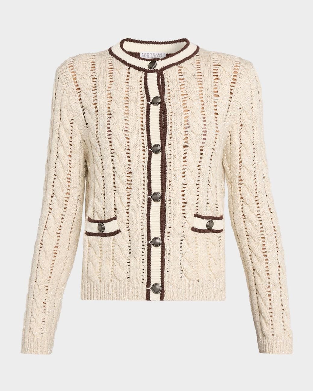 Brunello Cucinelli Natural Micro Sequin Openwork Cable Knit Cardigan