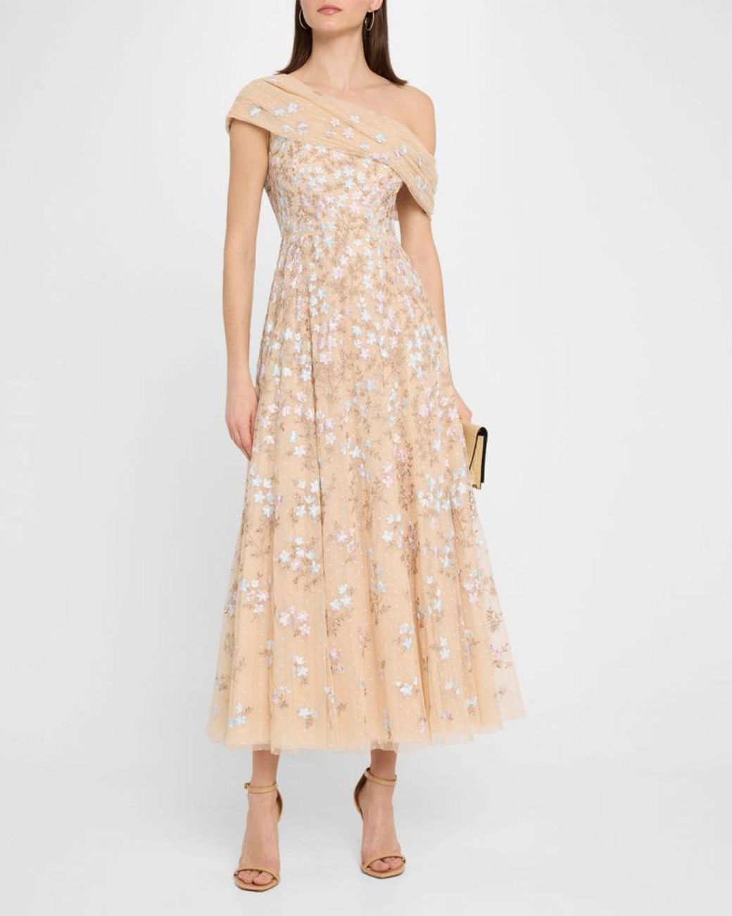 Needle & Thread Natural Everett Bloom One-Shoulder Embroidered Gown
