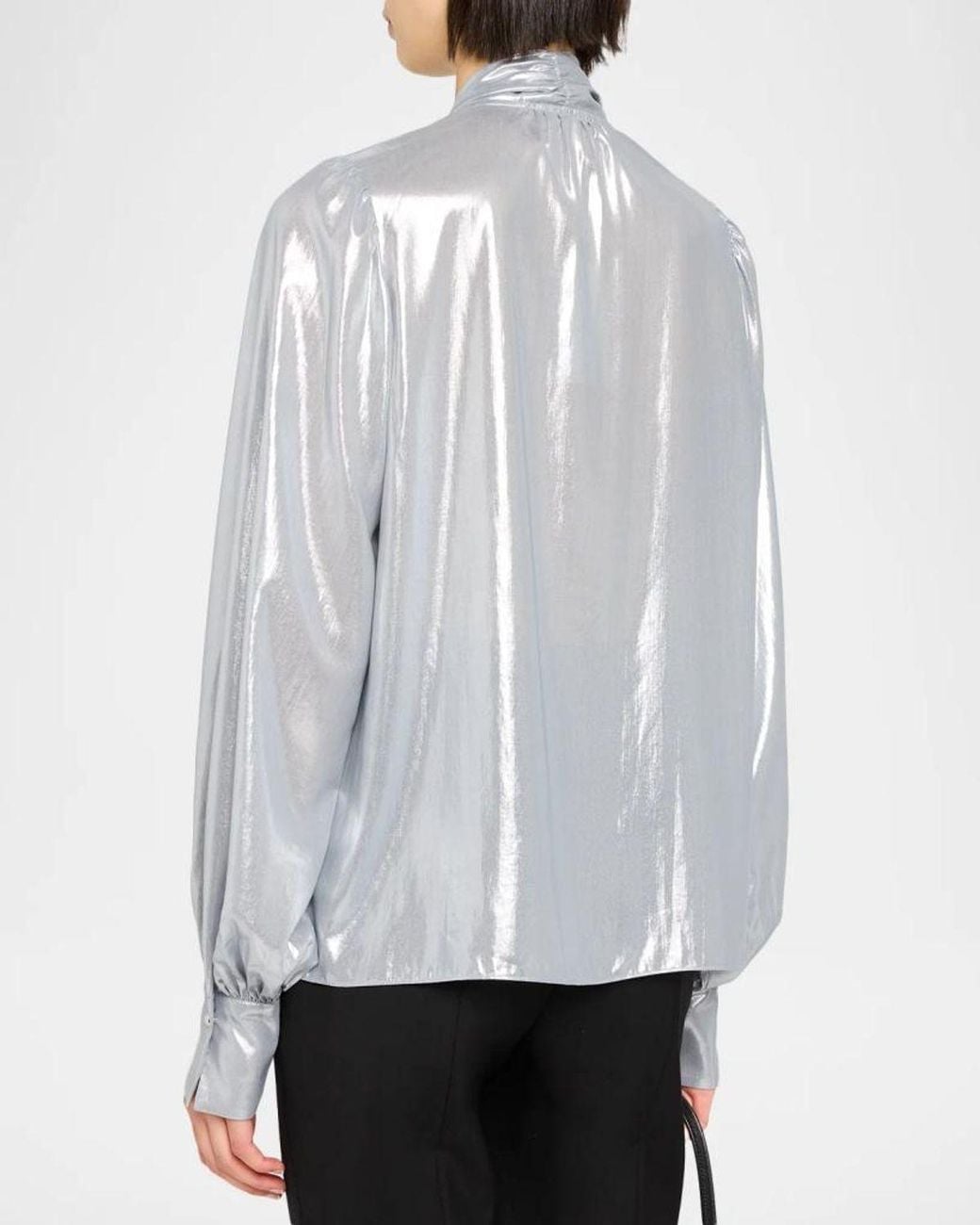 Ramy Brook Noa Metallic Tie-Neck Blouse in Gray | Lyst