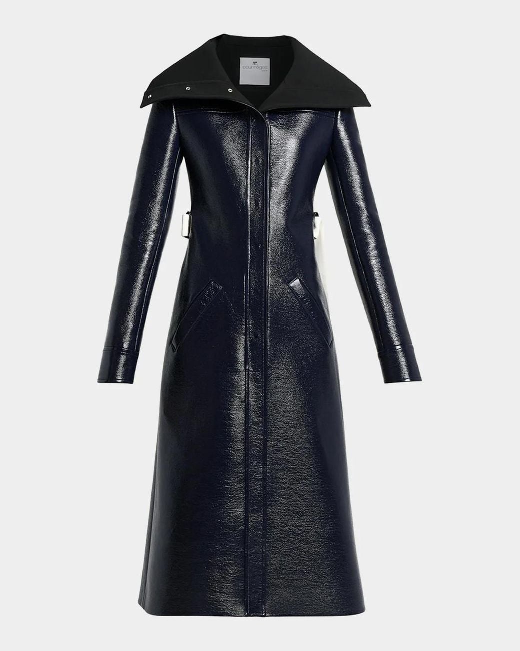 Courreges High-Collar Shiny Vinyl Long Trench Coat in Blue | Lyst