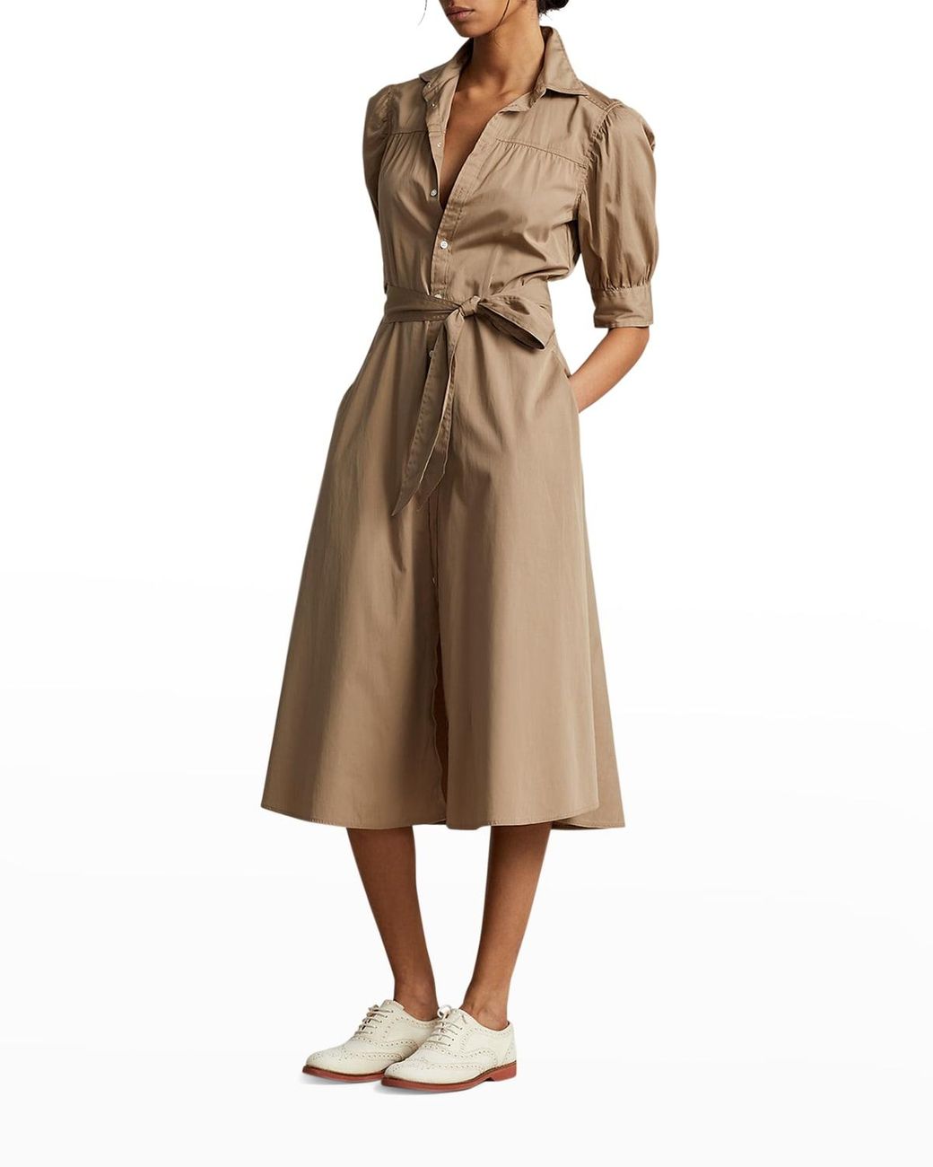 Polo Ralph Lauren Cotton Puffed sleeve Midi Shirtdress in Natural